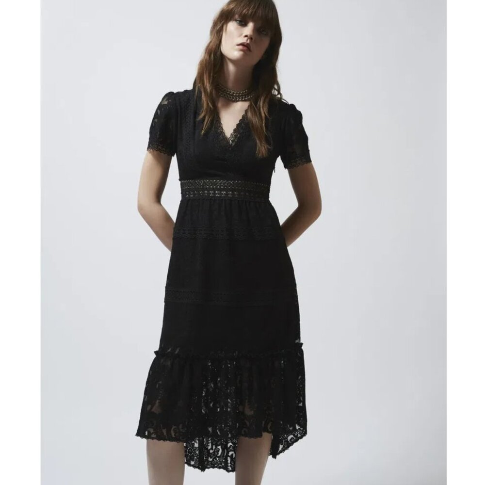 BNWOT The Kooples Black Sheer Lace Midi Dress, Size FR1/S